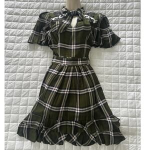 ANTHROPOLOGIE RANNA GILL Womens Dress Green Plaid Embroidered Ruffle Grunge XS